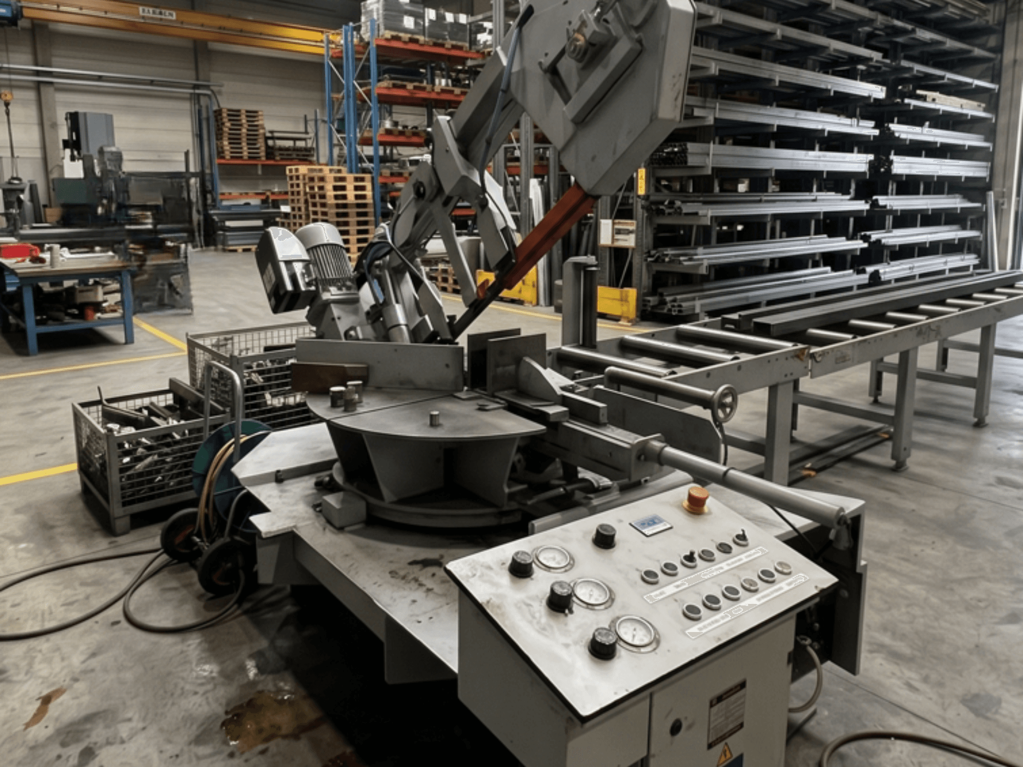 MEBA MEBASwing 320 DG -metallisahauskone työpajassa, sivulta katsottuna; ohjauspaneeli ja sahaterä näkyvissä.