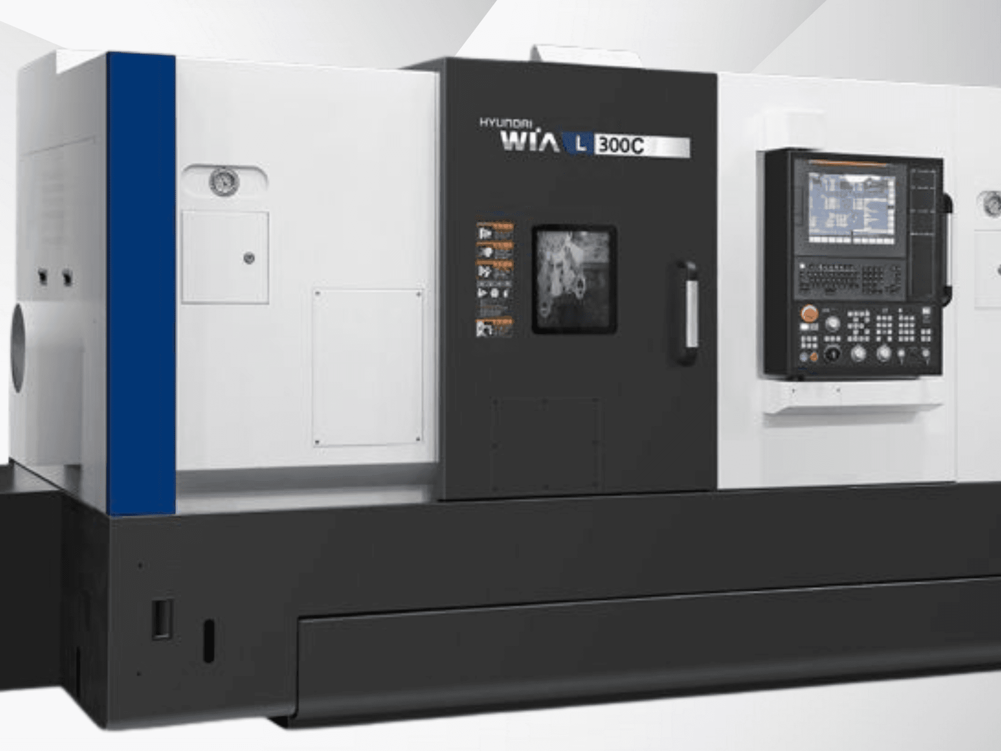 Hyundai WIA L300C CNC-sorvi, etukuva, ohjauspaneeli ja toimintanäyttö. Tyylikäs, moderni muotoilu.