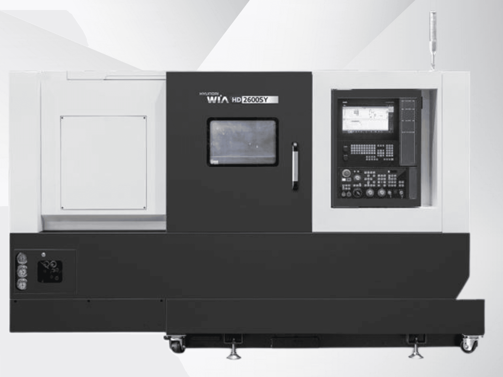 Hyundai WIA HD 2600SY CNC-sorvi, etukuva; sisältää digitaalisen ohjauspaneelin ja työkalujen säilytystilan, jossa esitellään teknisiä ominaisuuksia.