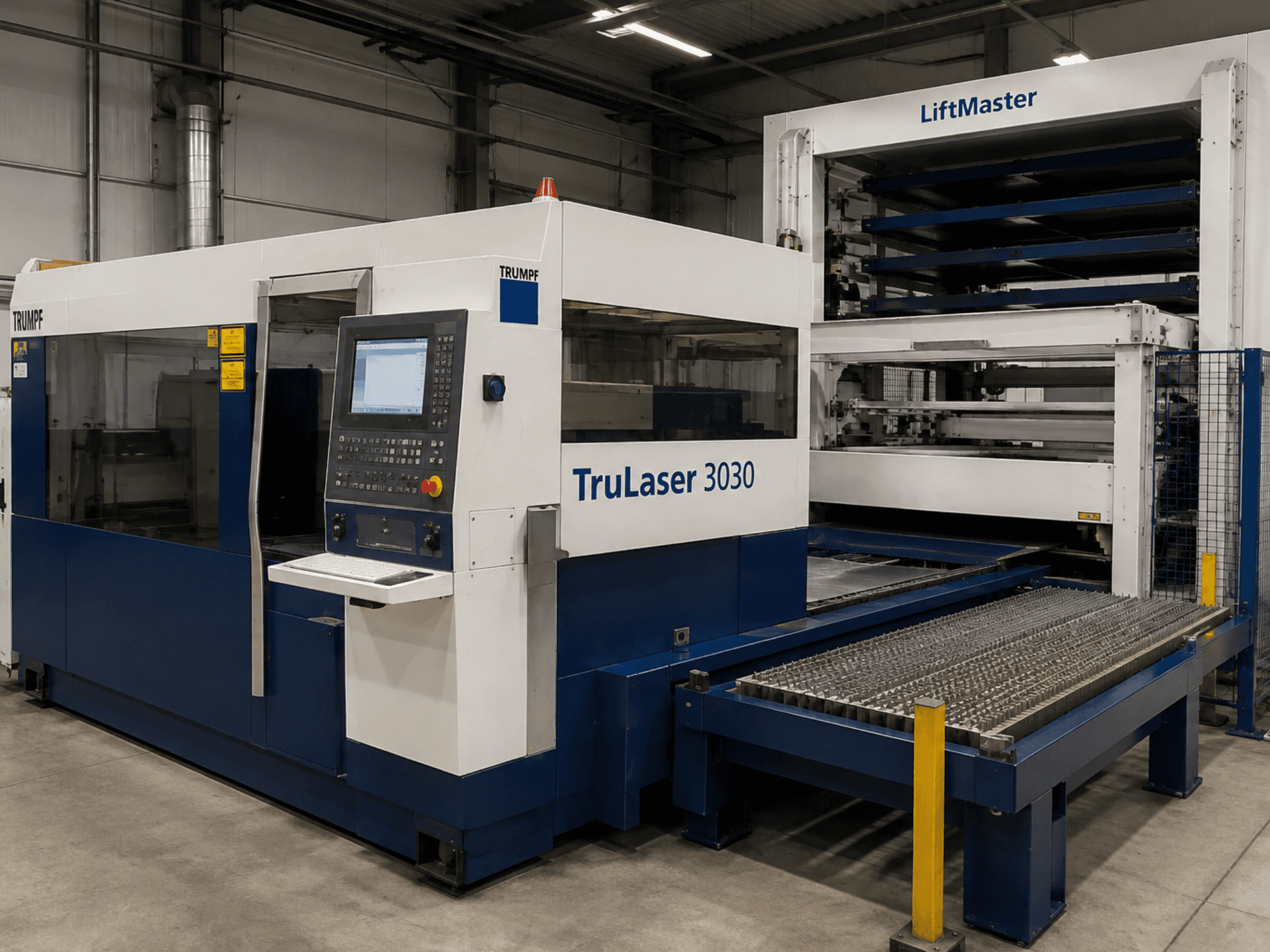 TRUMPF TruLaser 3030 CO₂-laserleikkauskoneen etunäkymä LiftMaster-järjestelmällä, jossa näkyvät käyttöpaneeli ja metallilevypöytä.