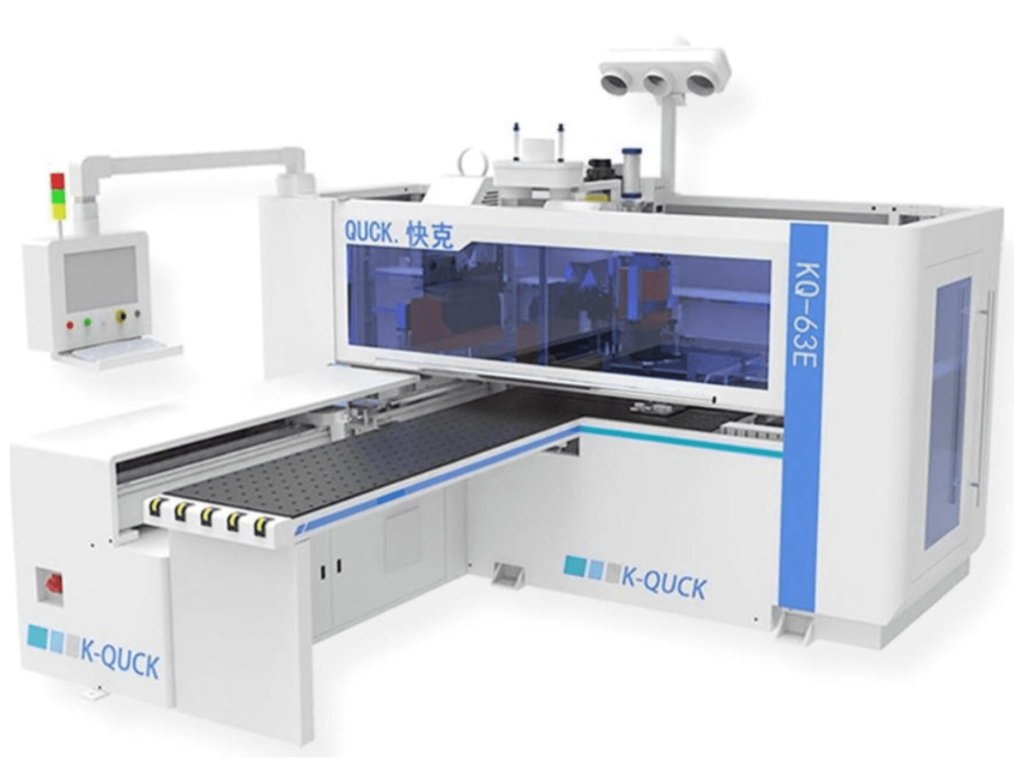 K-QUICK KQ-63E -kone, etukuva, jossa on ohjauspaneeli, läpinäkyvä kotelo ja litteä kuljetin, jossa on useita rullia.