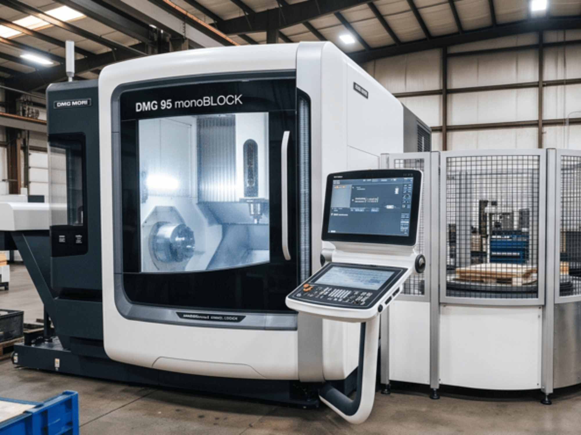 DMG MORI DMC 95 monoBLOCK -pystykoneistuskeskus, etunäkymä, jossa näkyvät ohjauspaneeli ja suojakotelo.