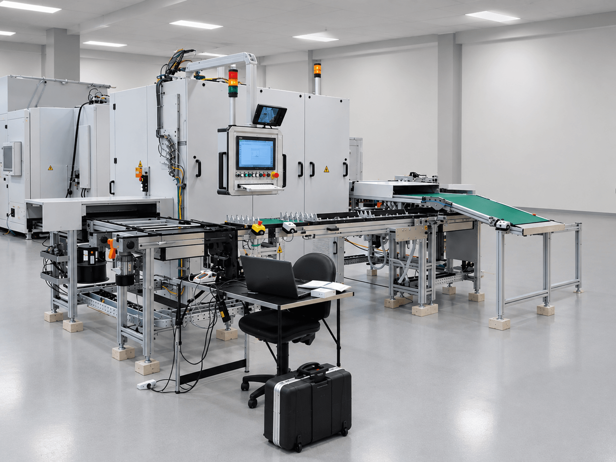CLEAN LASER clean CELL 3220 -työstökone, etunäkymä; varustettu kuljetinjärjestelmällä ja valvontaliitännällä.
