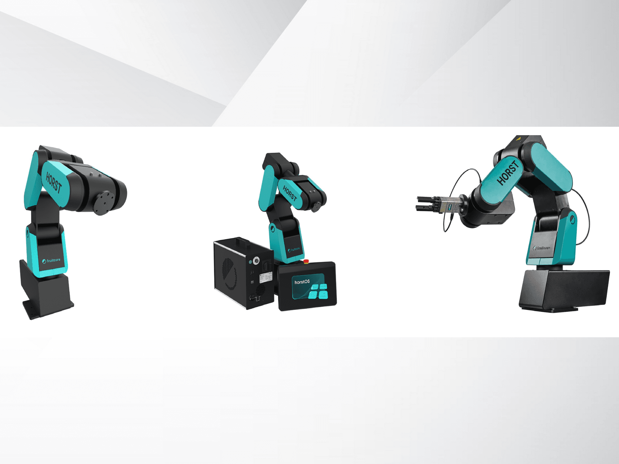 Kolme näkymää Fruitcoren Horst-robottikäsivarresta, jossa korostuvat sen musta ja teerinvärinen muotoilu, ohjauspaneeli ja tarttujien kiinnitys.