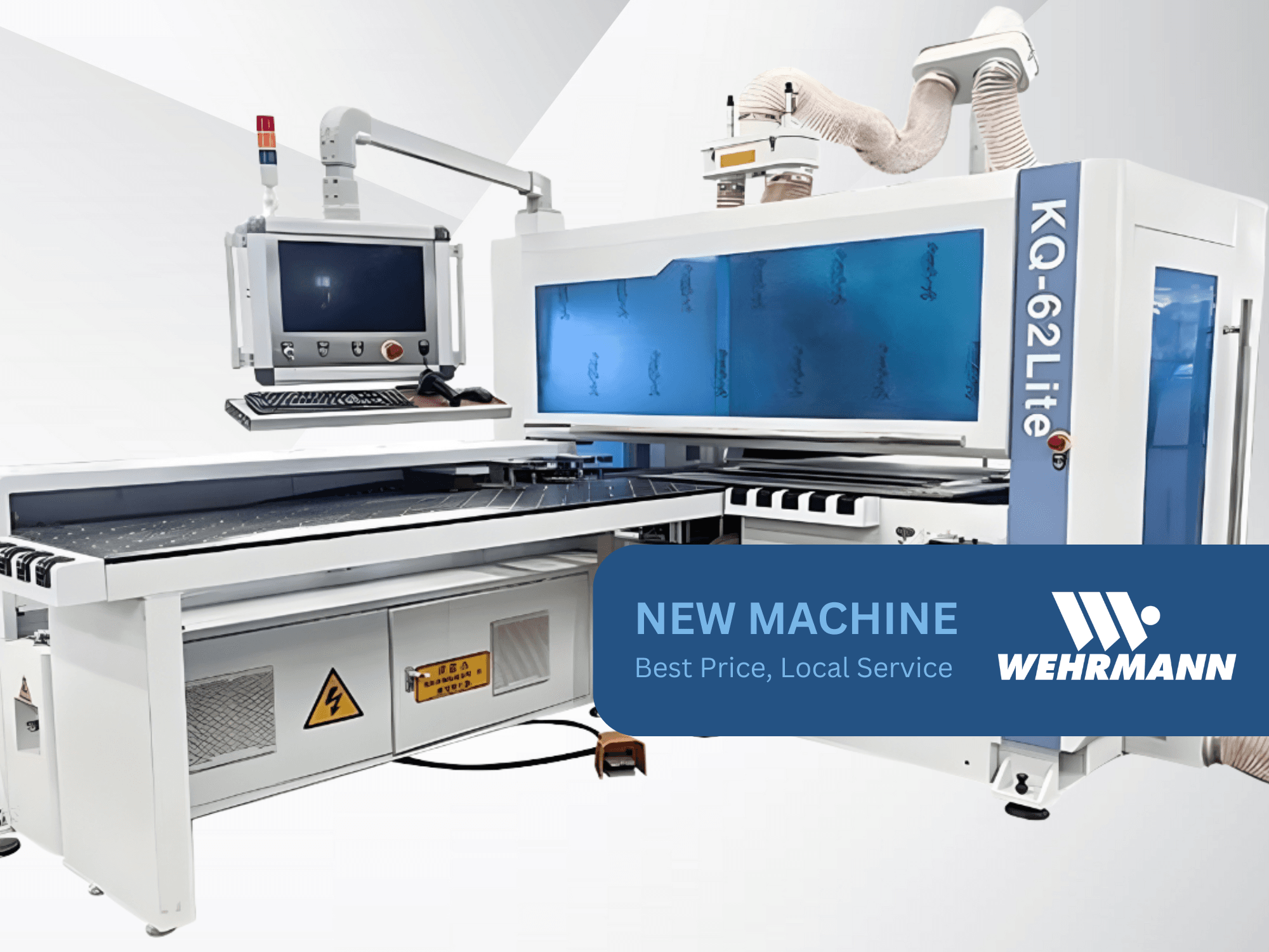 Wehrmann KQ-62Lite CNC-kone, etukuva, jossa on digitaalinen näyttö, ohjauspaneeli ja kuljetinhihna, jossa on turvavaroitusmerkit.