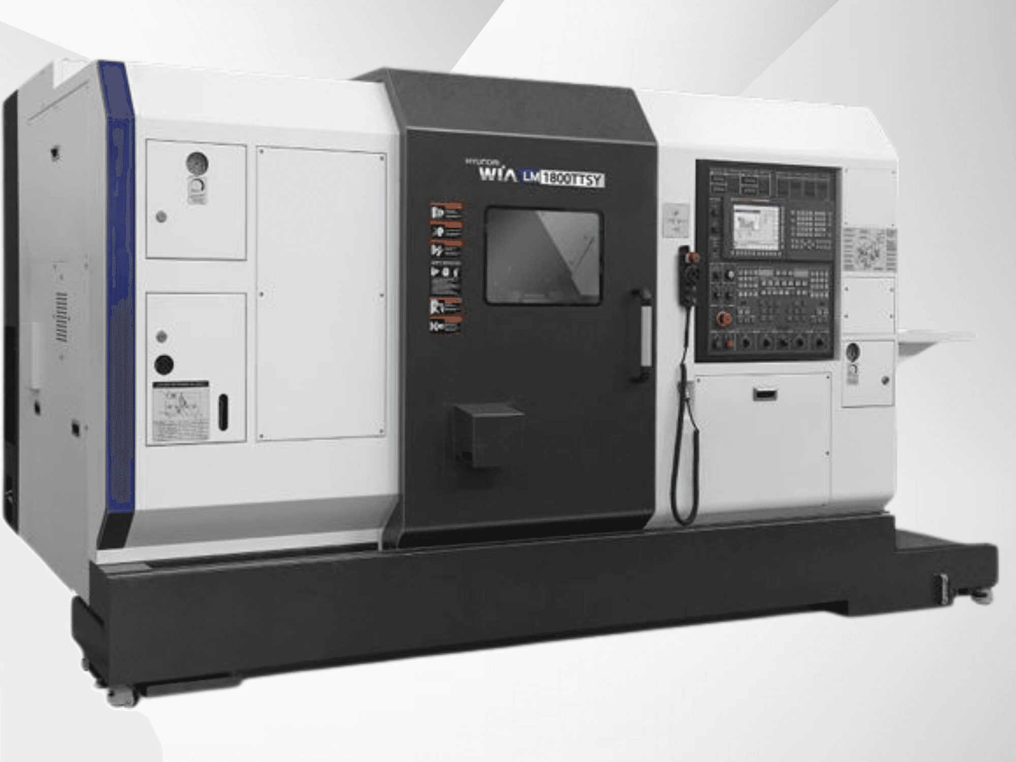 Hyundai LM1800TTSY CNC-sorvauskone, etukuva, jossa on ohjauspaneeli, mustavalkoinen ulkokuori ja käyttöpainikkeet.