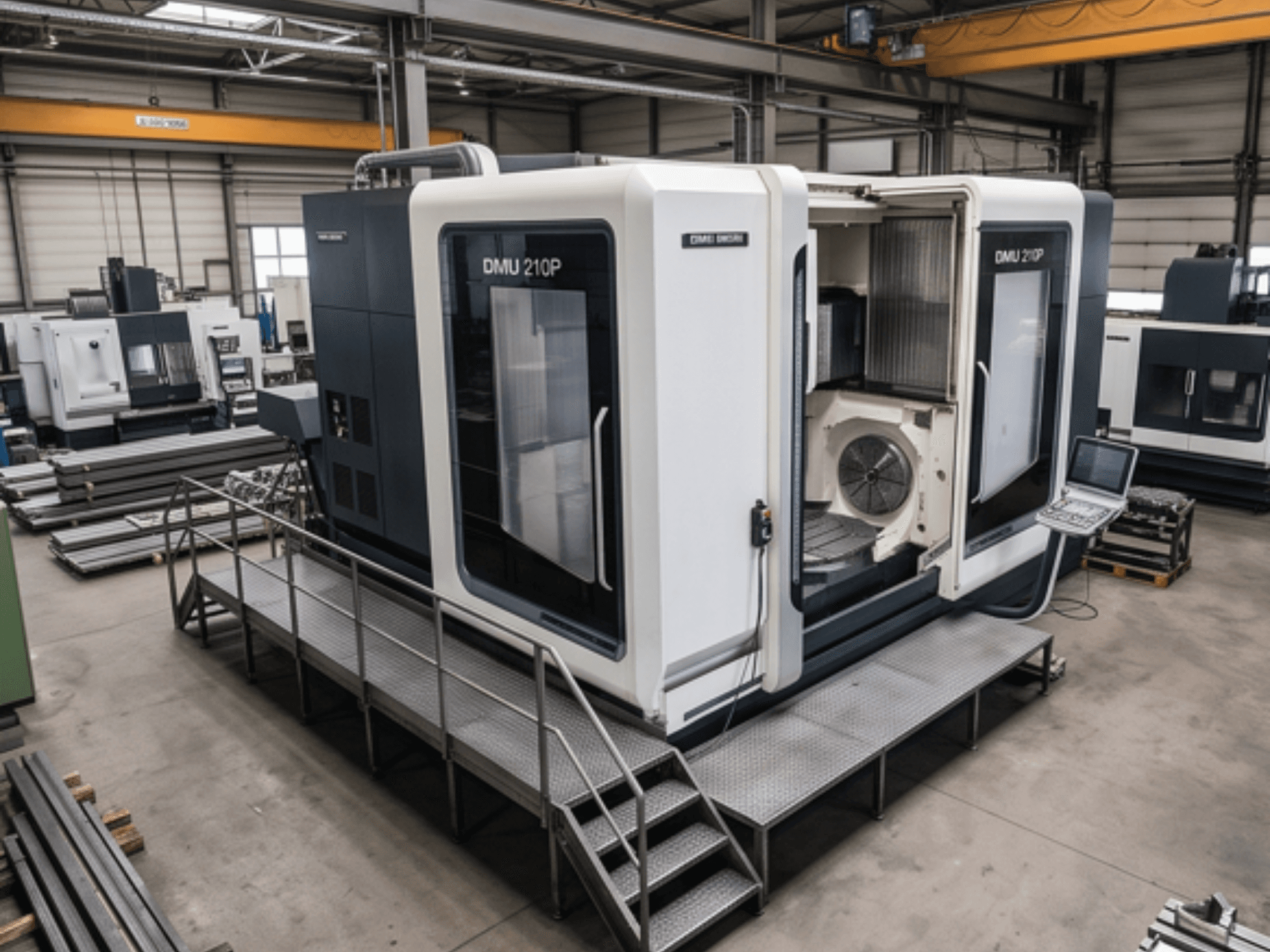 DMG MORI DMU 210P -yleiskoneistuskeskus työpajassa, sivukuva, jossa näkyvät ohjauspaneeli ja huoltotaso.